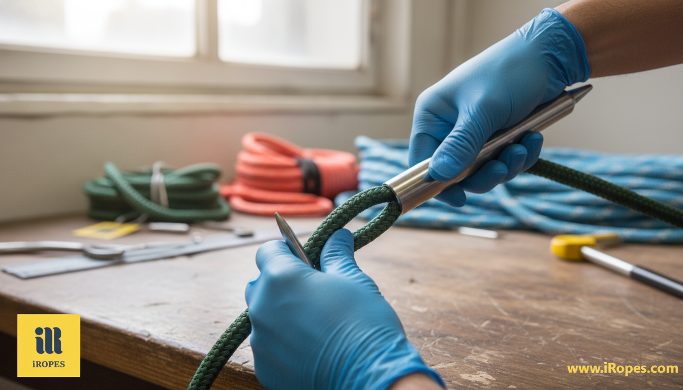 Close‑up of a technician using a fid and marlinspike to start a braid eye splice on an 8‑strand rope.
