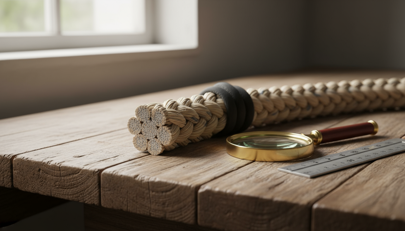 Cross‑section view of an 8‑strand (plaited) rope showing eight interwoven picks and typical fibre lay.