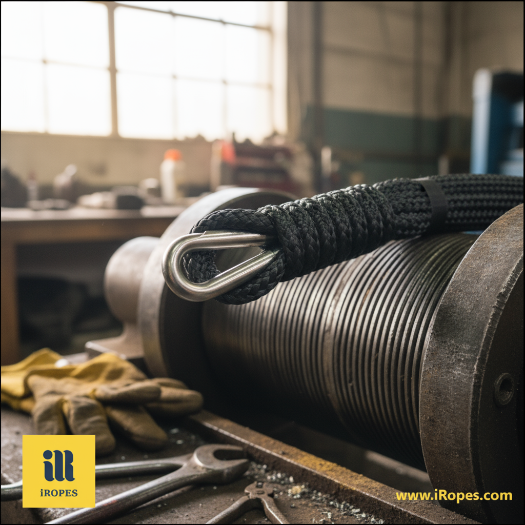 Engineered rope eye splice on a high‑load winch rope, showing precise fibre interweaving and a protective thimble.