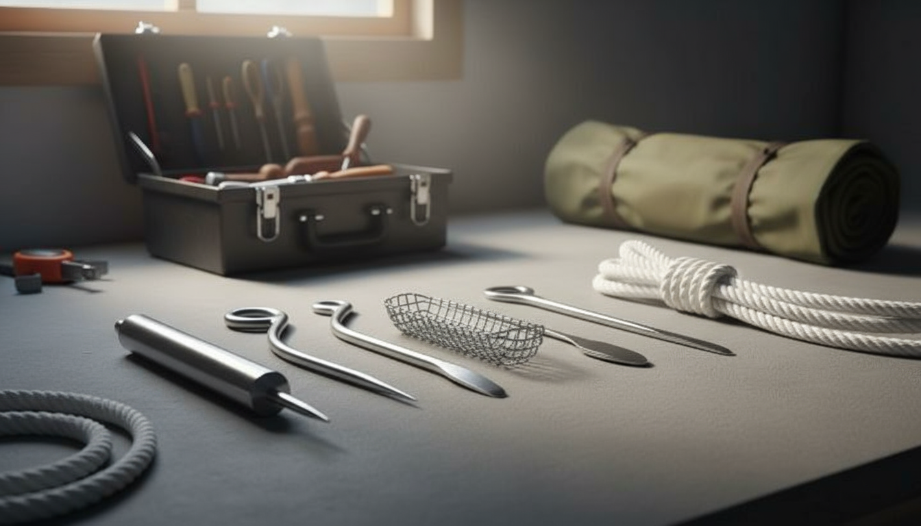 चार फिड टूल्स का सेट – ट्यूब्यूलर, स्वीडिश, वायर‑बास्केट, और पुशर – डाइनिमा रस्से के बगल में रखे हुए