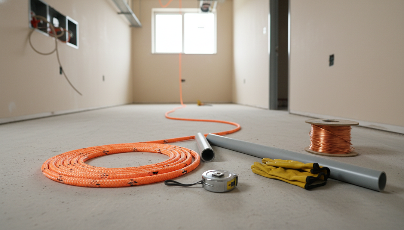 Electrical wire pulling rope laid beside a 2-inch conduit, showing length markings and appropriate diameter for a commercial wiring job