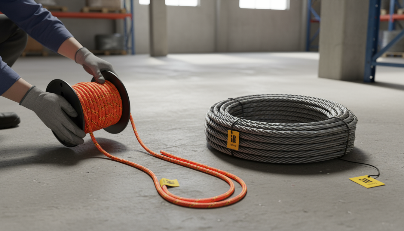 Close‑up of bright orange UHMWPE rope being unspooled next to a coiled steel cable, highlighting the stark weight difference