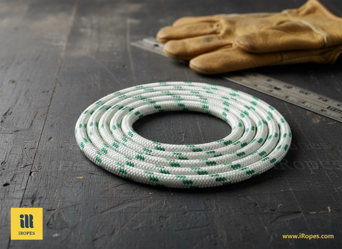 Close-up of a 1-inch nylon rope coil showing texture and colour contrast against a dark workbench