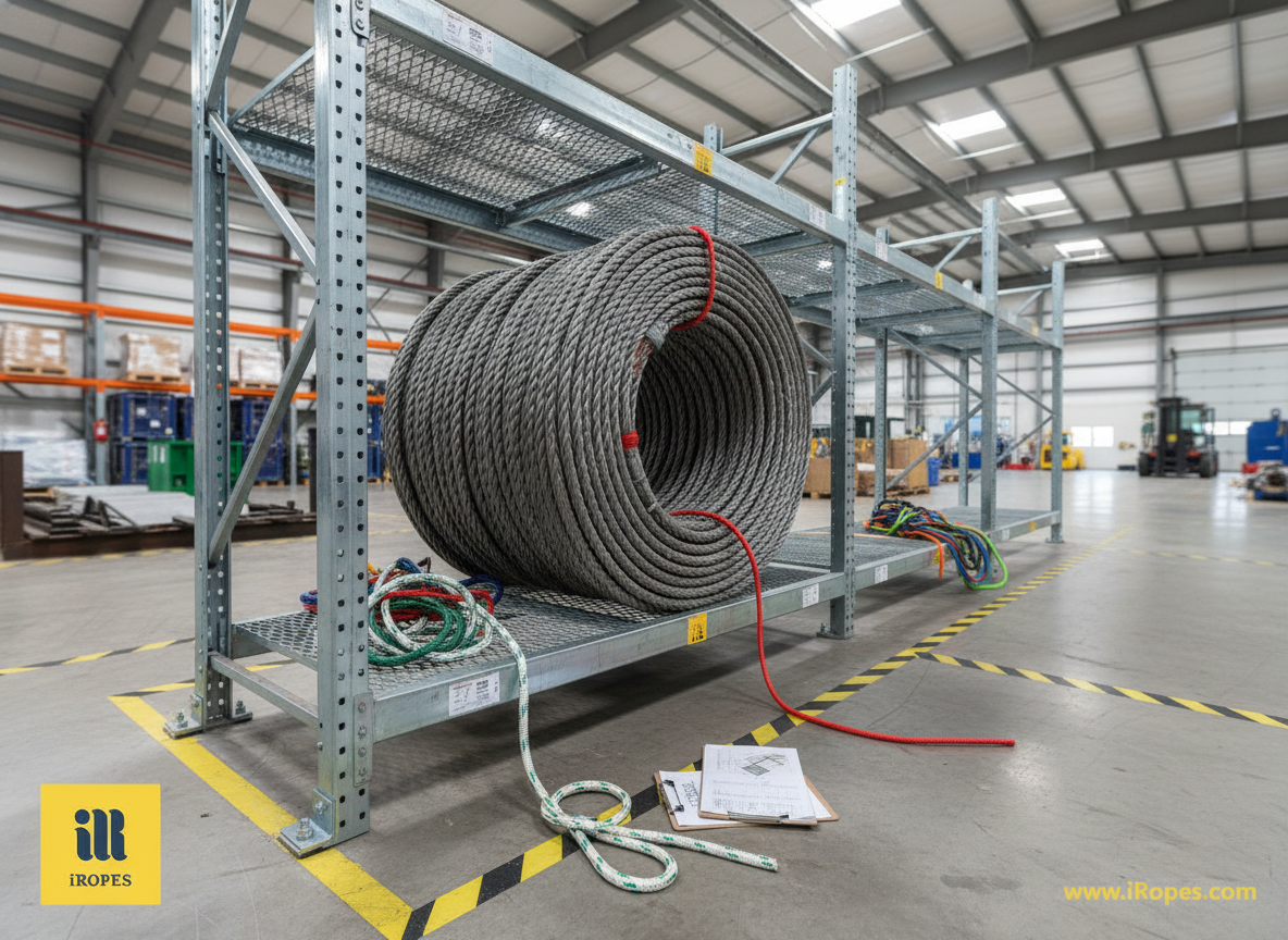 Coiled 3-inch HMPE/Dyneema rope on a steel rack, showing its dense, matte-gray weave and massive diameter