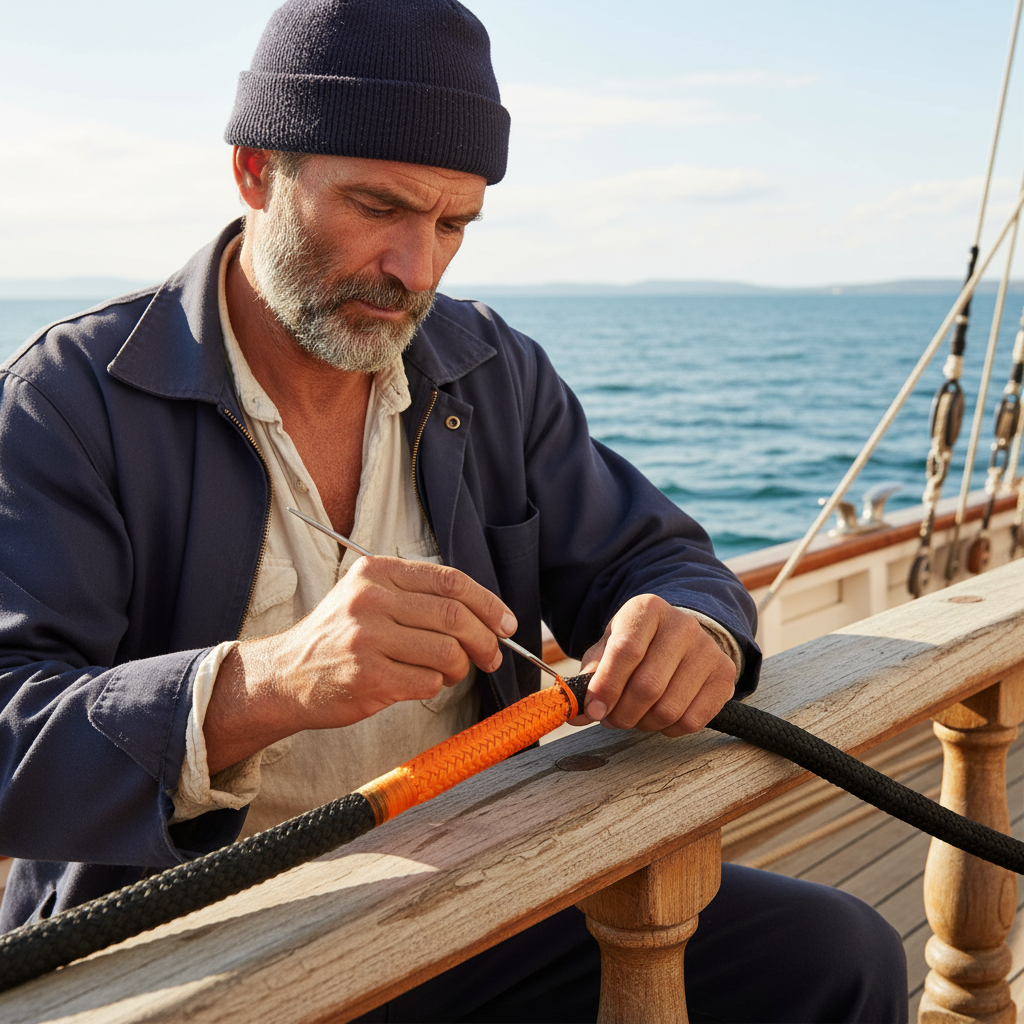 Demonstration of a sailor applying common whipping to a synthetic rope end to prevent fraying