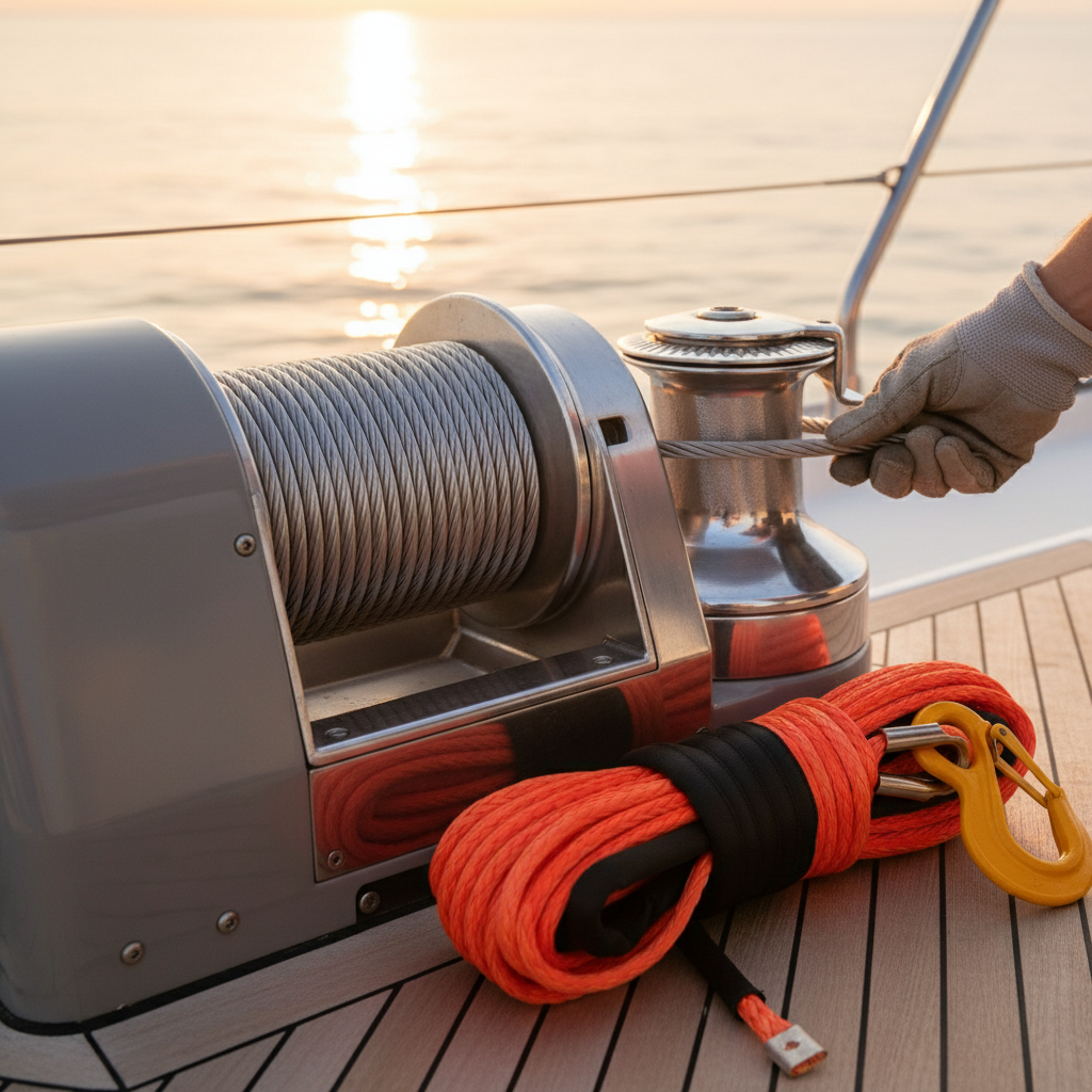 Aluminum hawse fairlead paired with a steel wire rope on a heavy‑duty winch, showing smooth guidance and robust construction