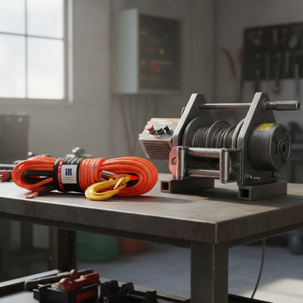 Coiled synthetic winch rope with UV‑protective sleeve next to a 4,500 lb winch, showing colour‑coded markings for diameter and strength