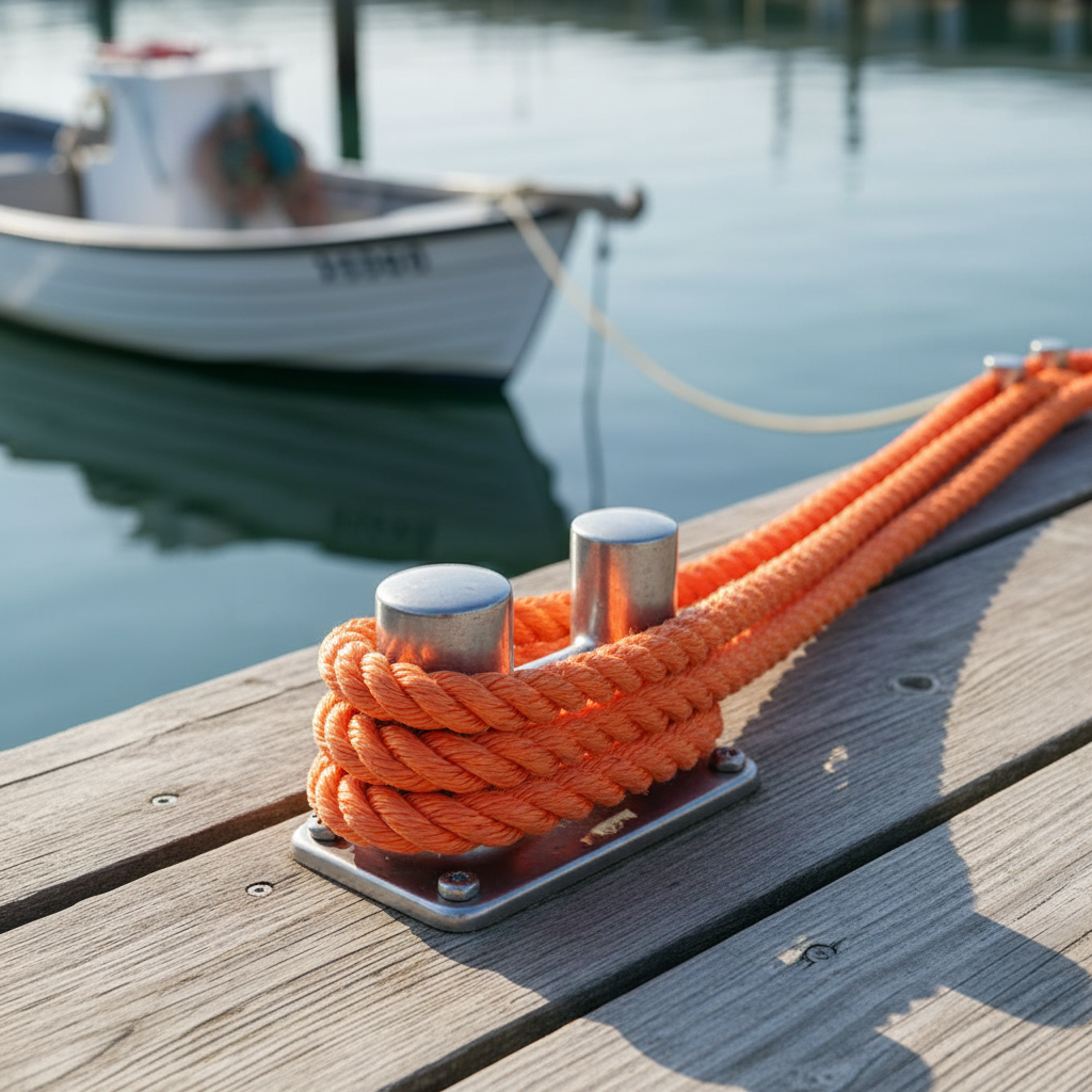 Three‑strand twisted nylon rope coiled on a dock cleat, showing its robust texture and bright colour for visibility