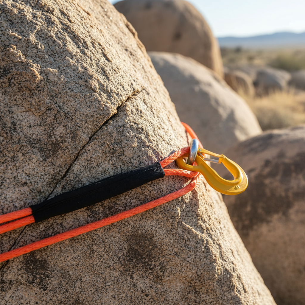 Close‑up of a synthetic winch rope with a black Cordura sleeve protecting it from sunlight and rock contact