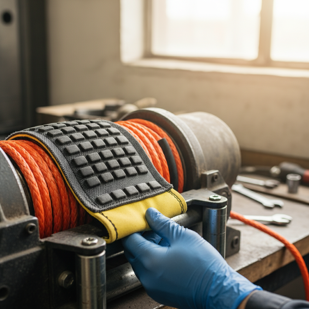 Close‑up of a winch rope protector sleeve made of ballistic nylon, showing the layered construction that blocks UV and guards against abrasion