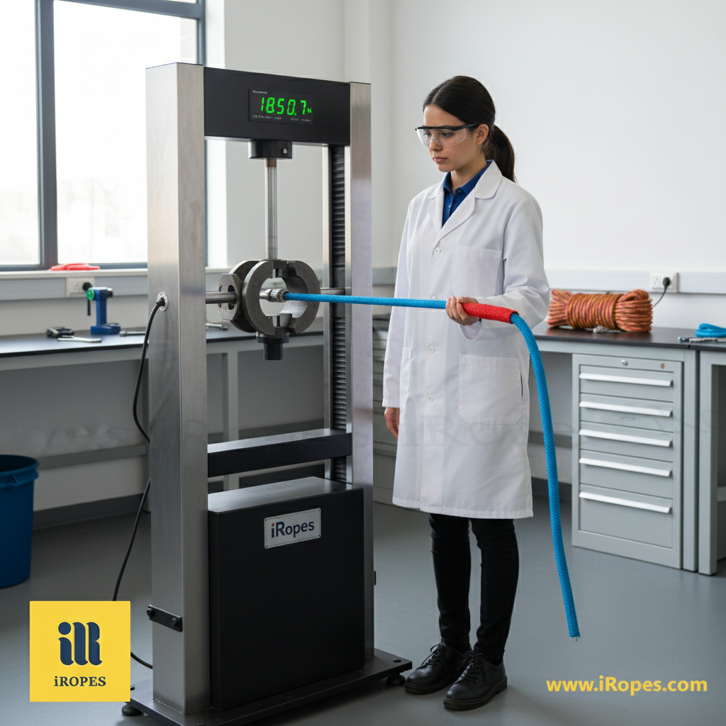 Laboratory technician testing rope tensile strength on a calibrated tensile testing machine, displaying the gauge reading and sample rope under load