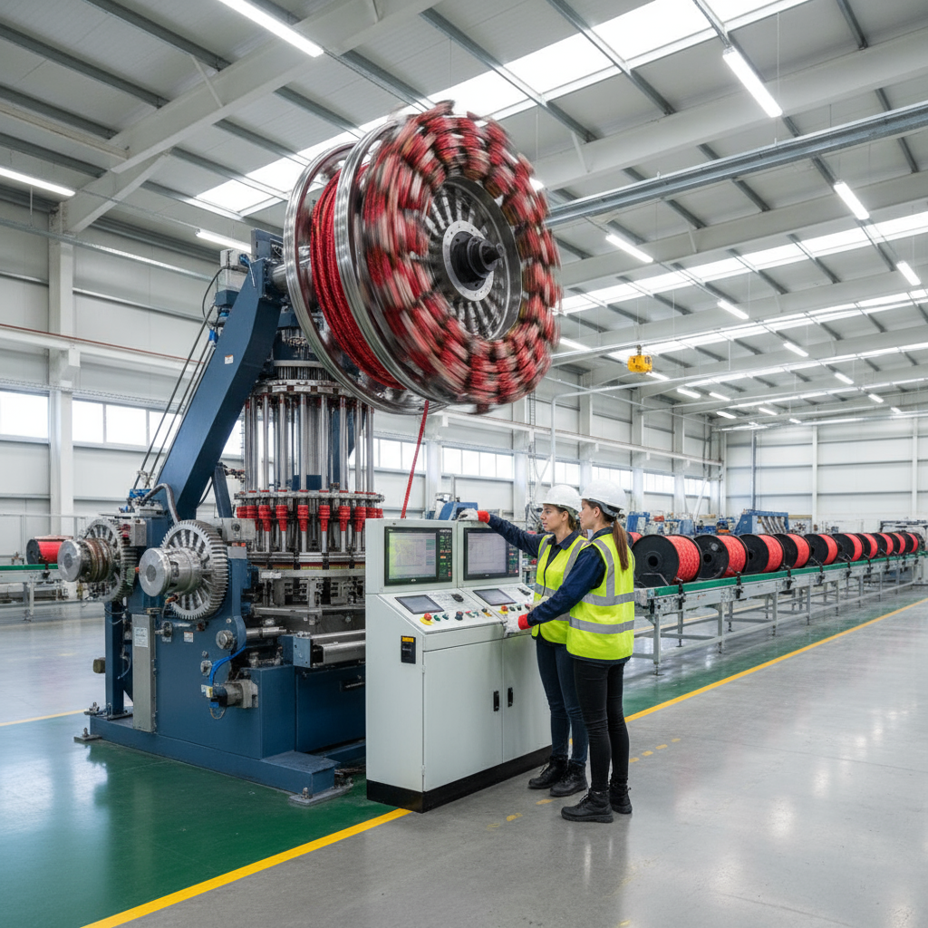 Industrial braiding machine in a bright factory, large metal frame with rotating braiding head, operators monitoring controls