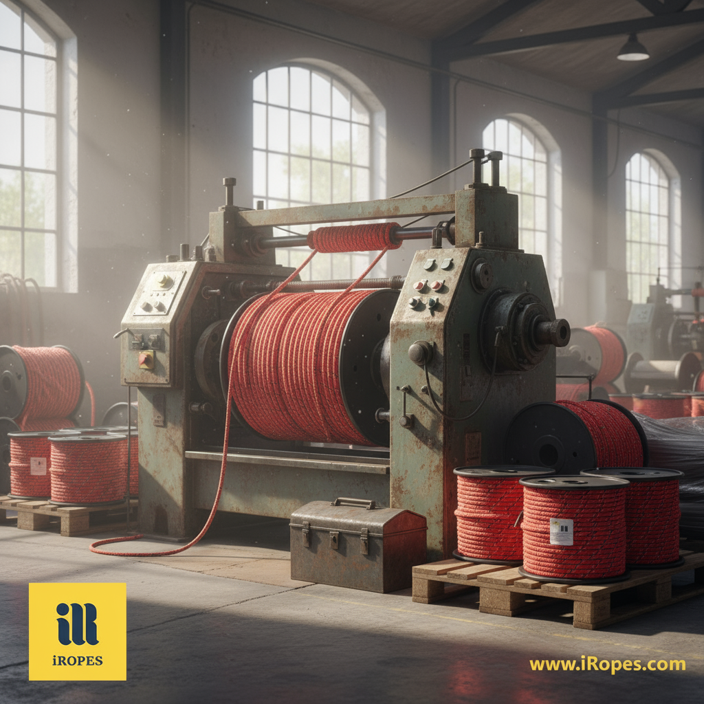 Industrial used rope making machine displayed in a warehouse, metal frame with control panel, showing signs of wear and age