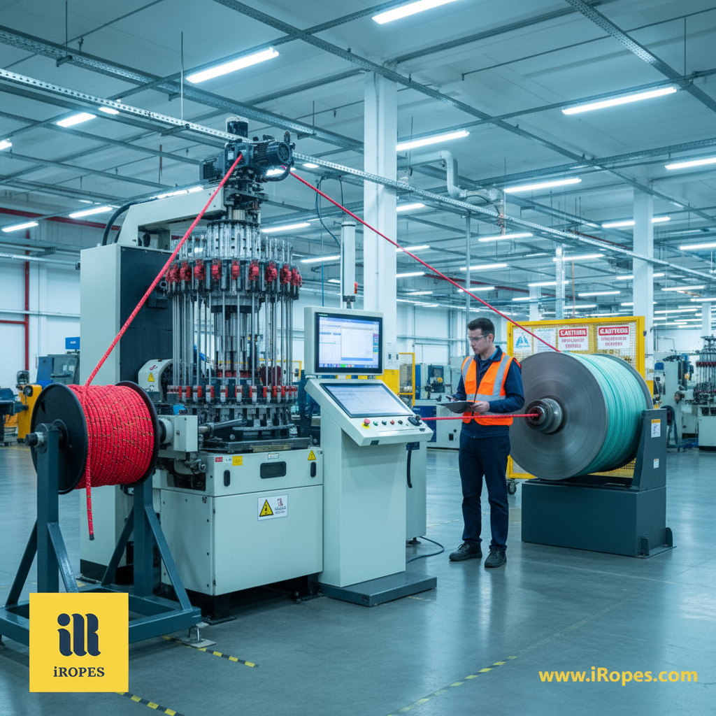 High-performance industrial rope making machine in operation, showing braiding head, control console, and finished rope on a take-up drum