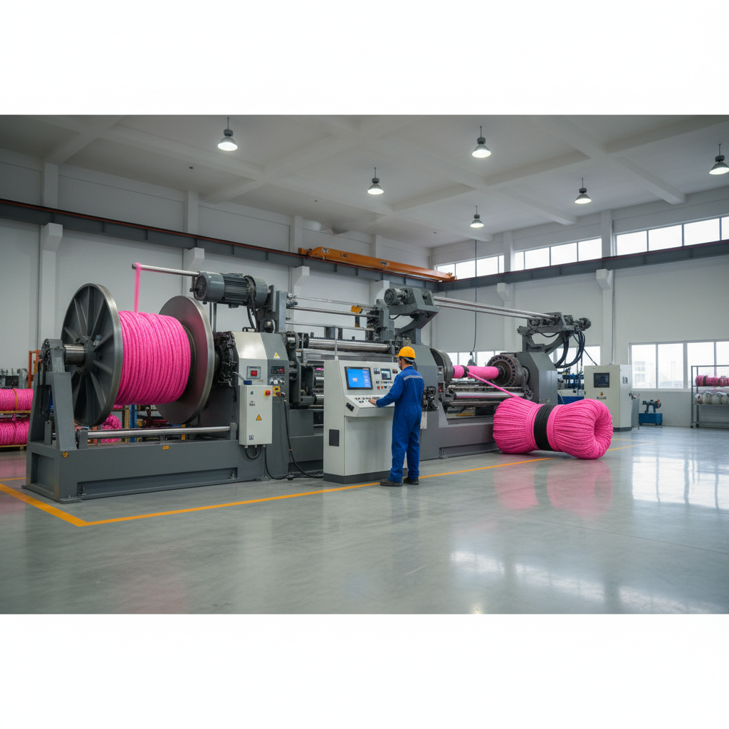 Industrial rope making machine with visible pay‑off bobbin, flyer arm, and coiling system in a modern factory