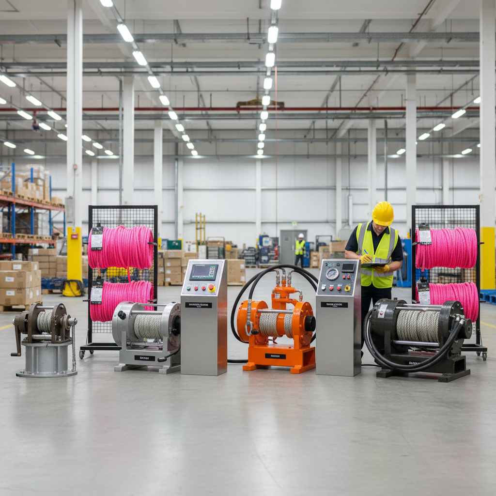 Comparison of manual, electric, air‑tug, and hydraulic rope winch machines in an industrial warehouse, showing distinct models and control panels