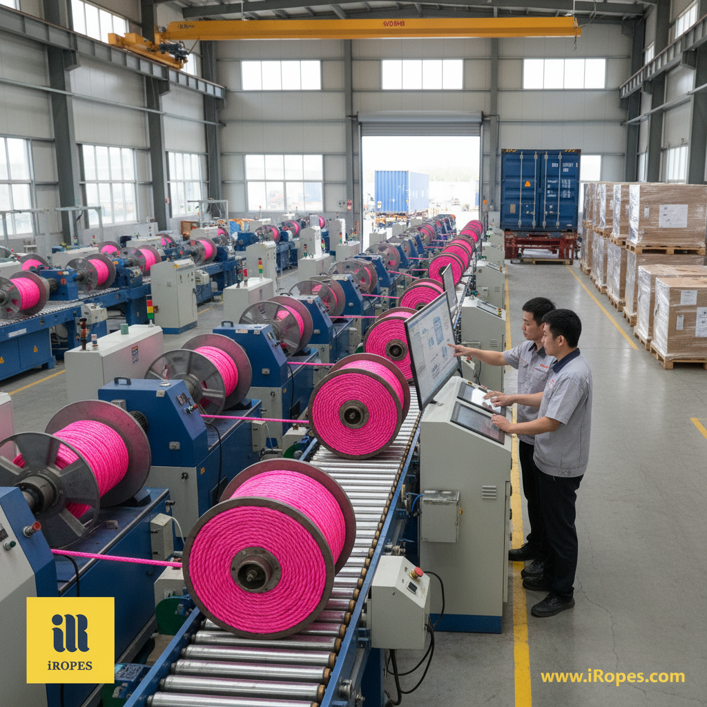 iRopes factory floor showing custom rope machine assembly lines, engineers reviewing schematics, and pallets ready for export