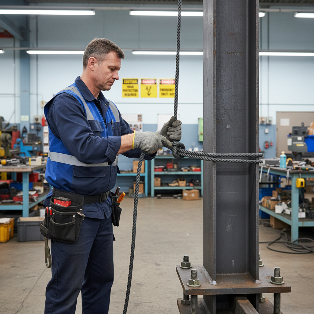 Technician knotting a high‑strength lifting rope around a steel beam in a confined workshop, demonstrating tight‑space handling