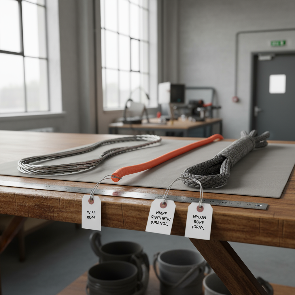 Comparison of wire rope, HMPE synthetic rope and traditional synthetic rope laid out side by side, showing differences in texture and colour.