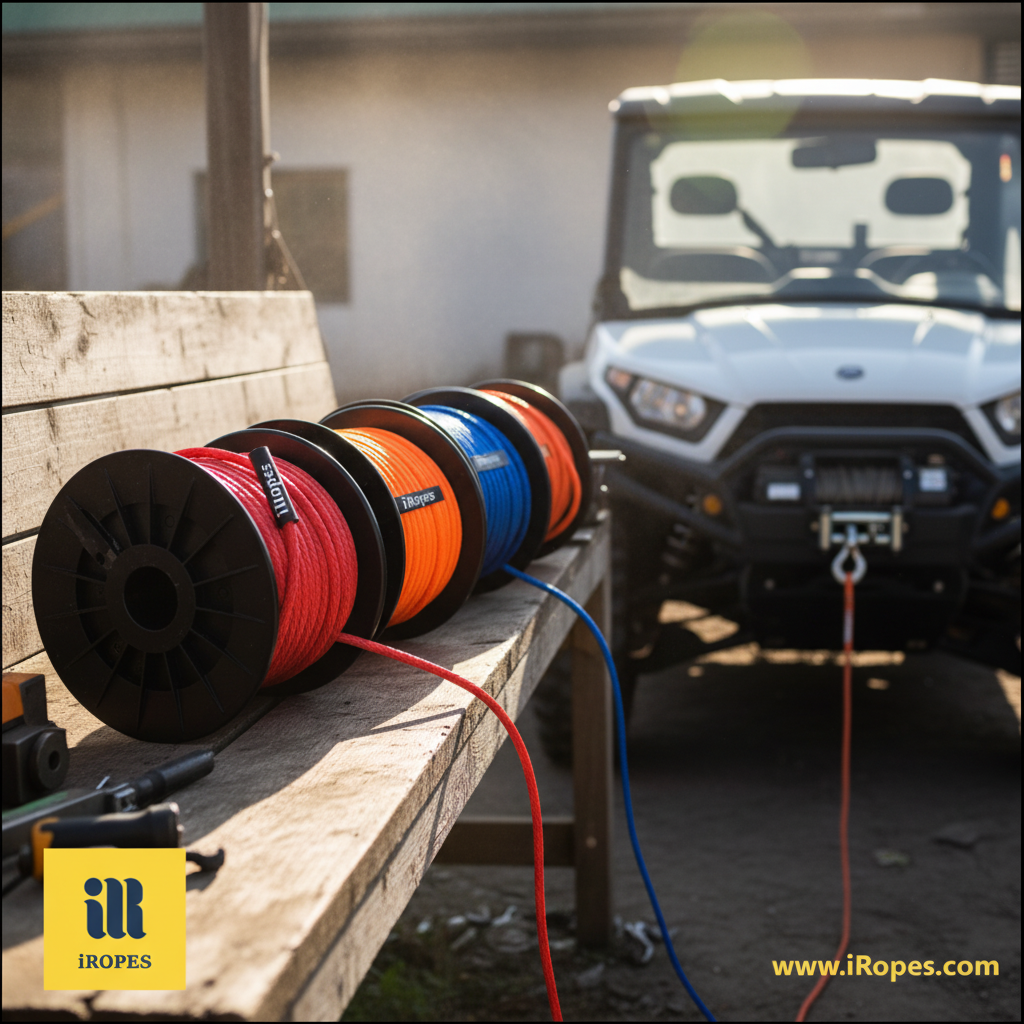 Custom Dyneema synthetic winch rope spooled with company logo, showcasing colour options and branding for UTVs