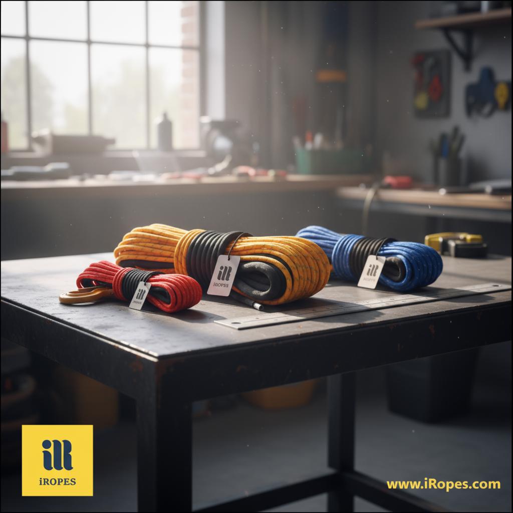 Custom dyed ATV winch rope from iRopes laid out on a workshop table, showcasing various diameters and branding tags