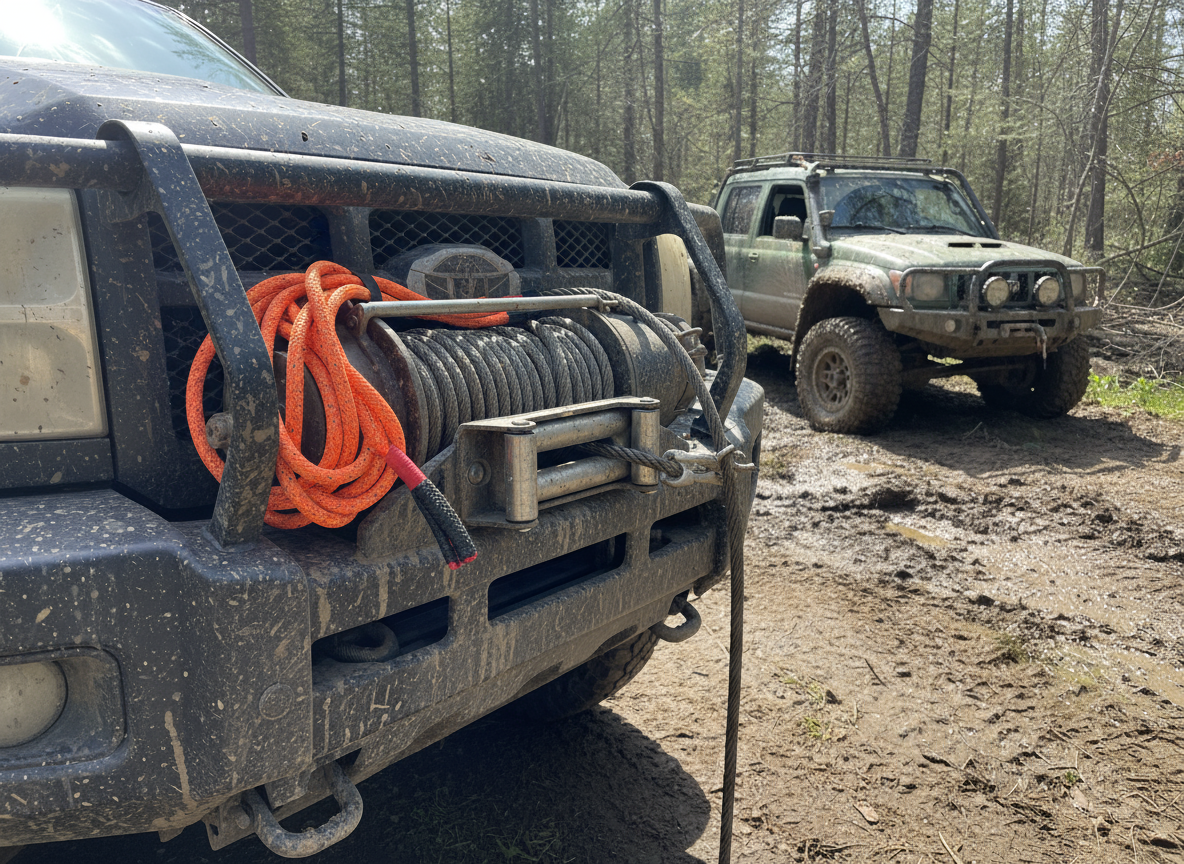 Side-by-side view of UHMWPE synthetic winch rope and steel cable on a recovery rig, highlighting the stark difference in thickness and flexibility