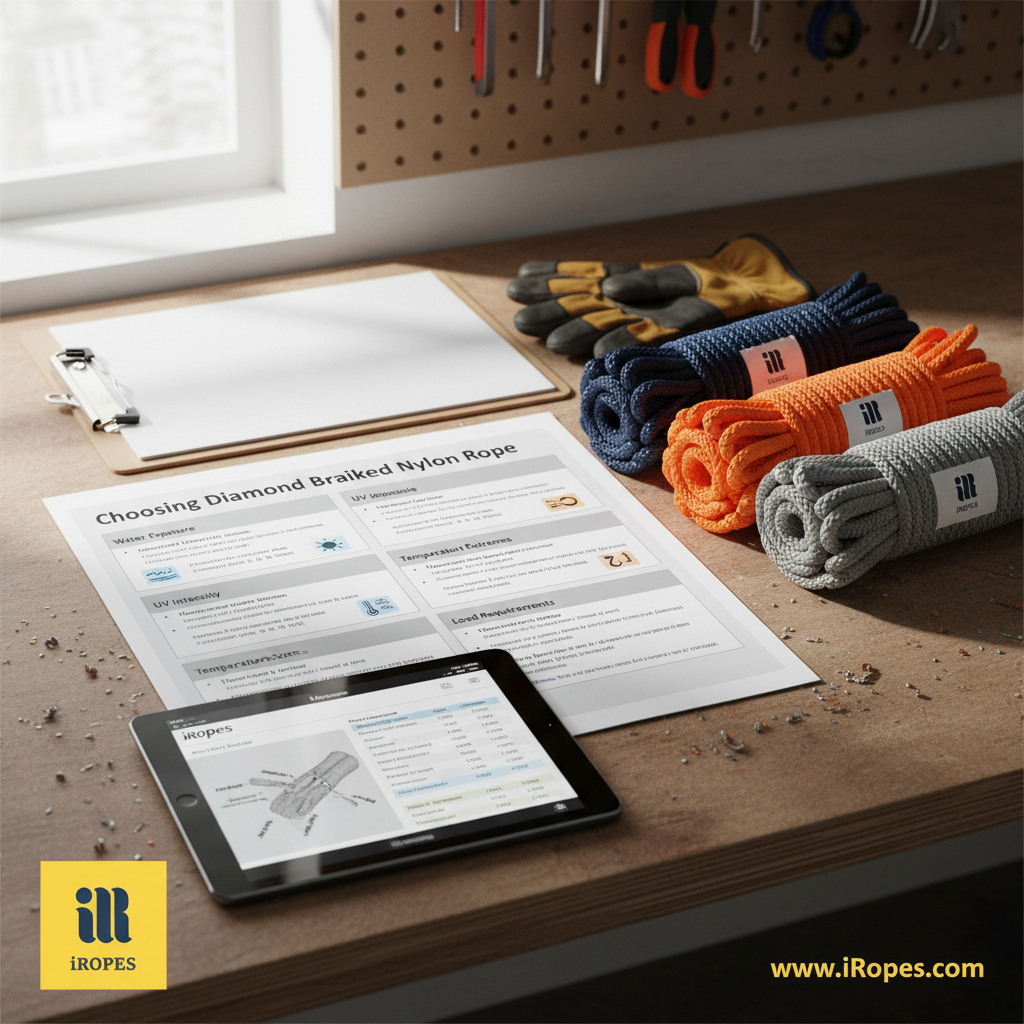 Selection guide showing factors such as water exposure, UV intensity, temperature extremes, and load requirements influencing the choice of diamond braided rope