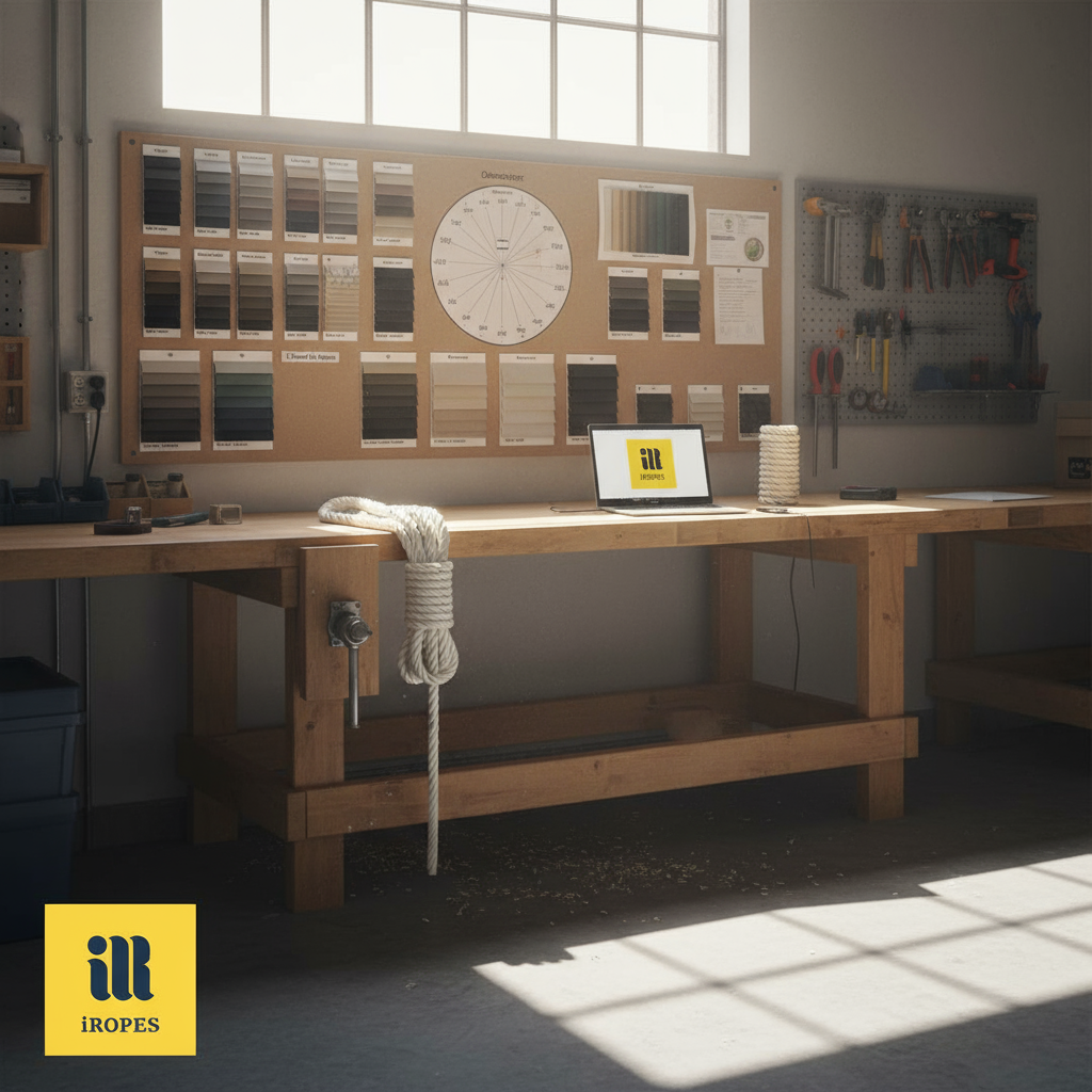 Selection board displaying colour swatches, diameter charts, and material samples of custom safety ropes in a workshop