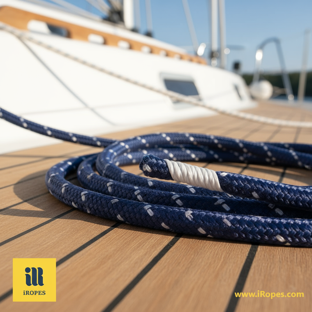 Close‑up of a double braided polyester rope showing the inner core and outer sheath with vibrant navy colour