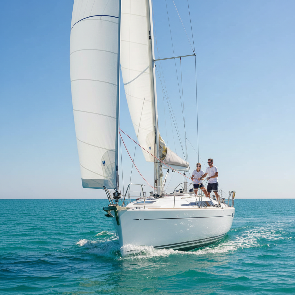 A sleek yacht under full sail with bright blue sky, showcasing double braided polyester rope running from the mast to the boom