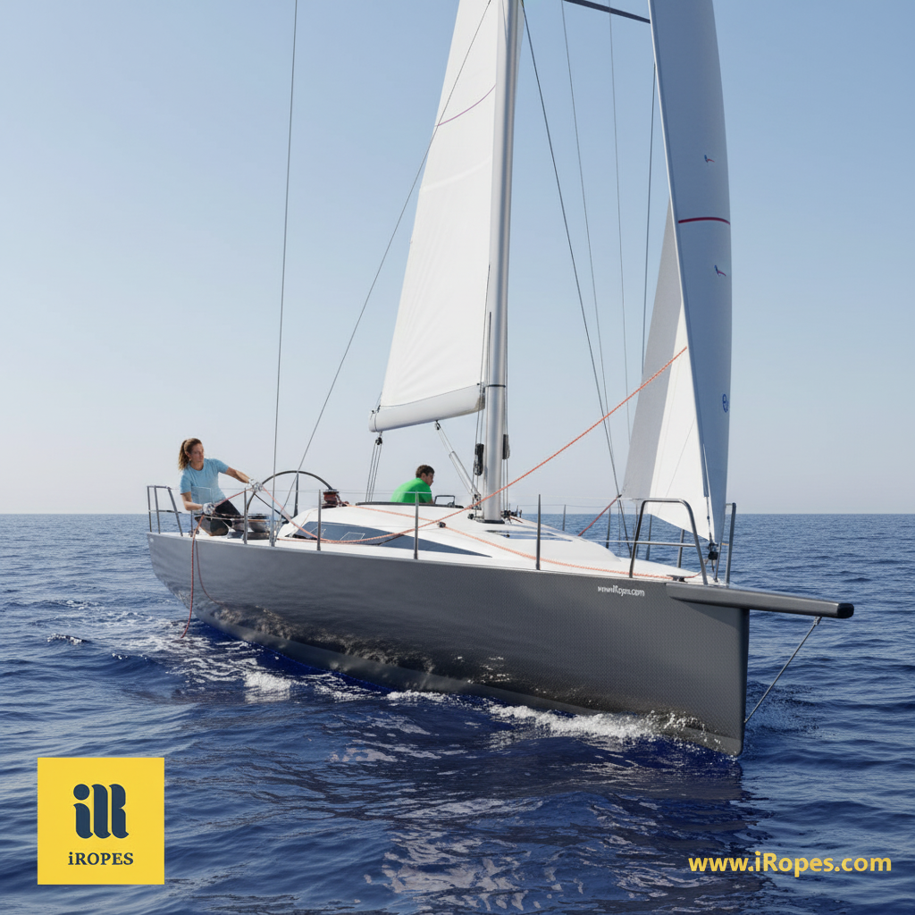 A sleek racing yacht’s halyards made from polyester double braided rope, bright orange against a clear sky