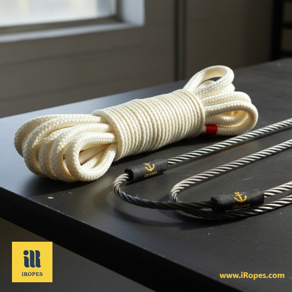 Close-up of a synthetic Dyneema winch rope lying beside a steel cable, highlighting flexibility and lighter weight