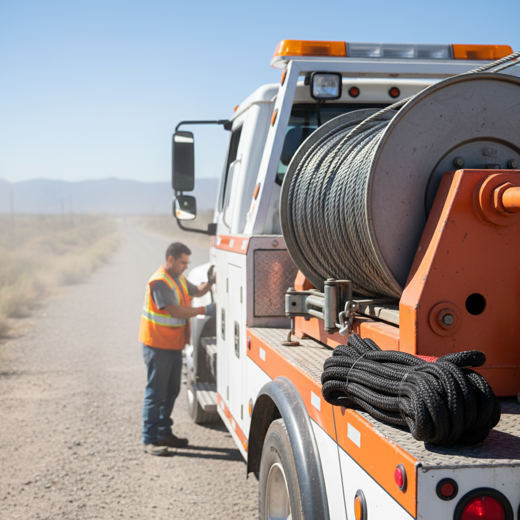 A thick steel winch cable coiled on a recovery vehicle, showing its metallic sheen and robust construction