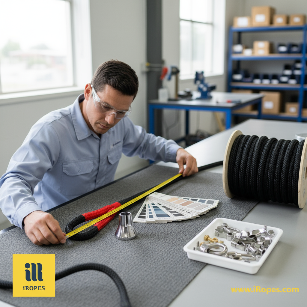 Custom Dyneema winch rope on a workstation with colour swatches and termination options, showing a technician measuring length and checking a steel thimble