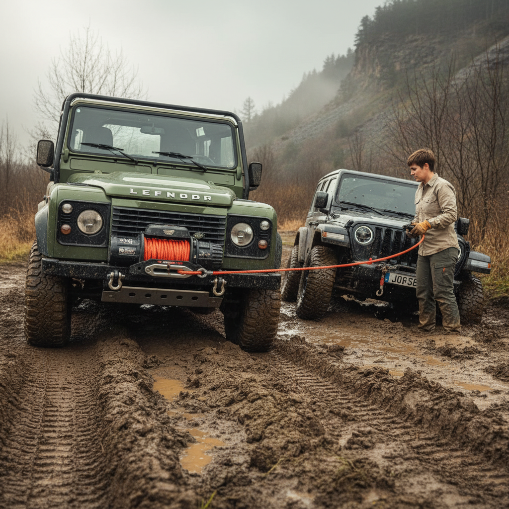 A rugged off‑road vehicle using a bright orange plasma winch rope to pull a stuck 4×4 out of mud, showing the rope coiled neatly on the winch drum