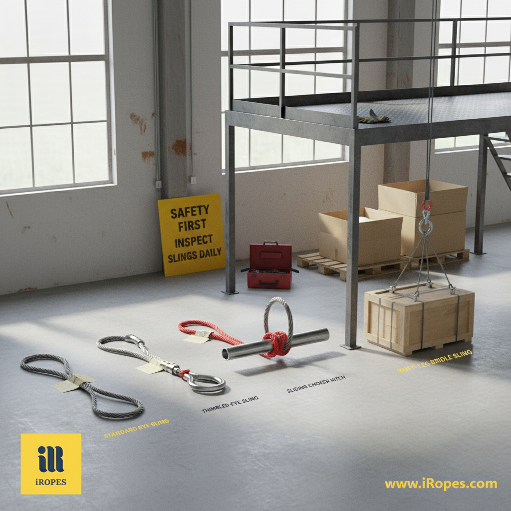 Illustration of four common rigging wire rope sling configurations – standard eye, thimbled eye, sliding choker, and multi‑leg bridle