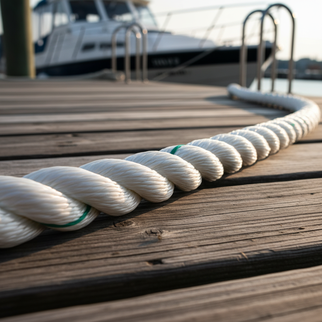 Close-up of a 3-strand braided rope showing twisted construction and glossy nylon fibres