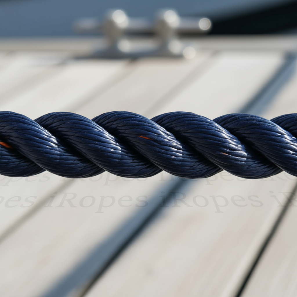 Close-up of a three-strand braid rope showing twisted fibres and smooth finish