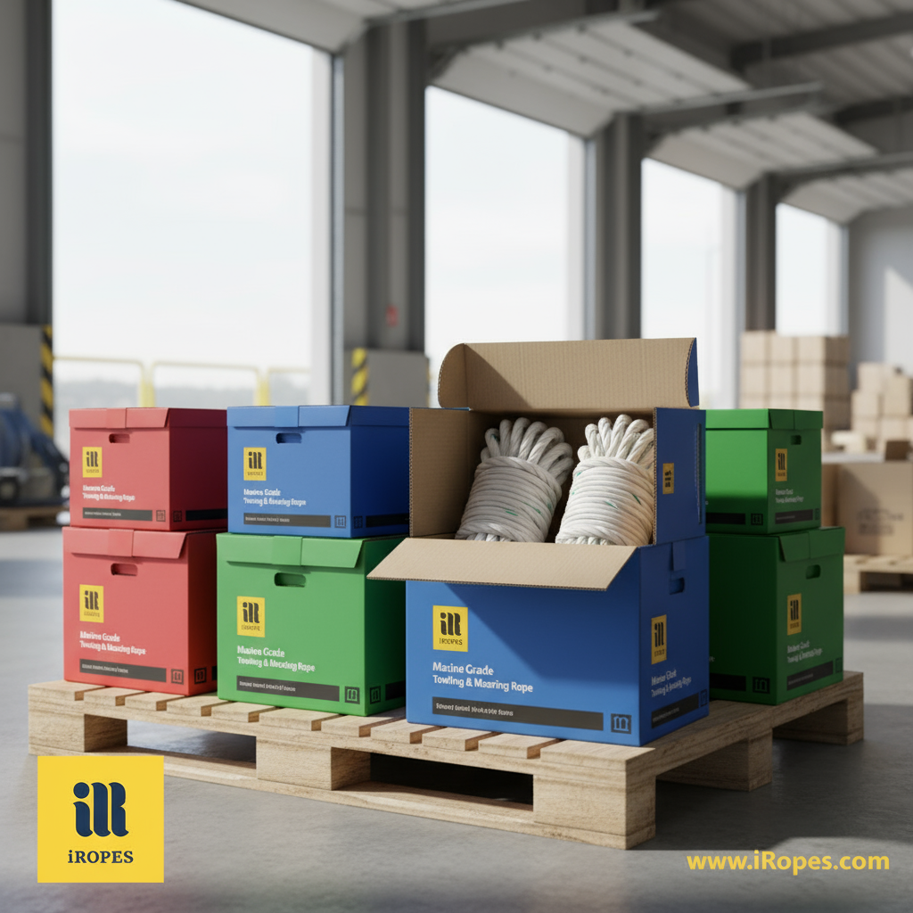 Custom-branded coil of 3-strand and 8-strand braid rope packaged in a colour-coded box for wholesale shipment