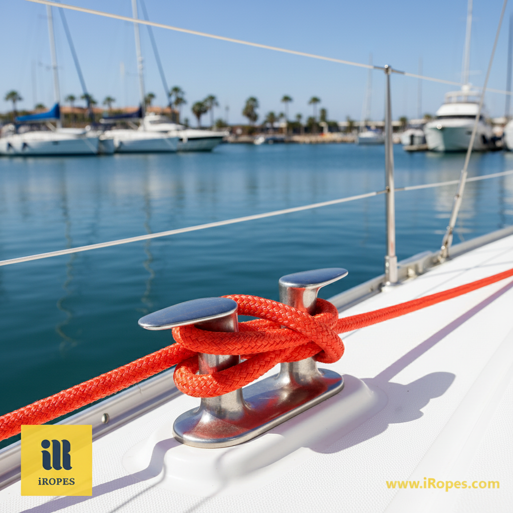Nylon diamond braid rope being used as a dock line on a sailing yacht, bright orange rope tied to a mooring cleat, showing smooth braid and marine environment