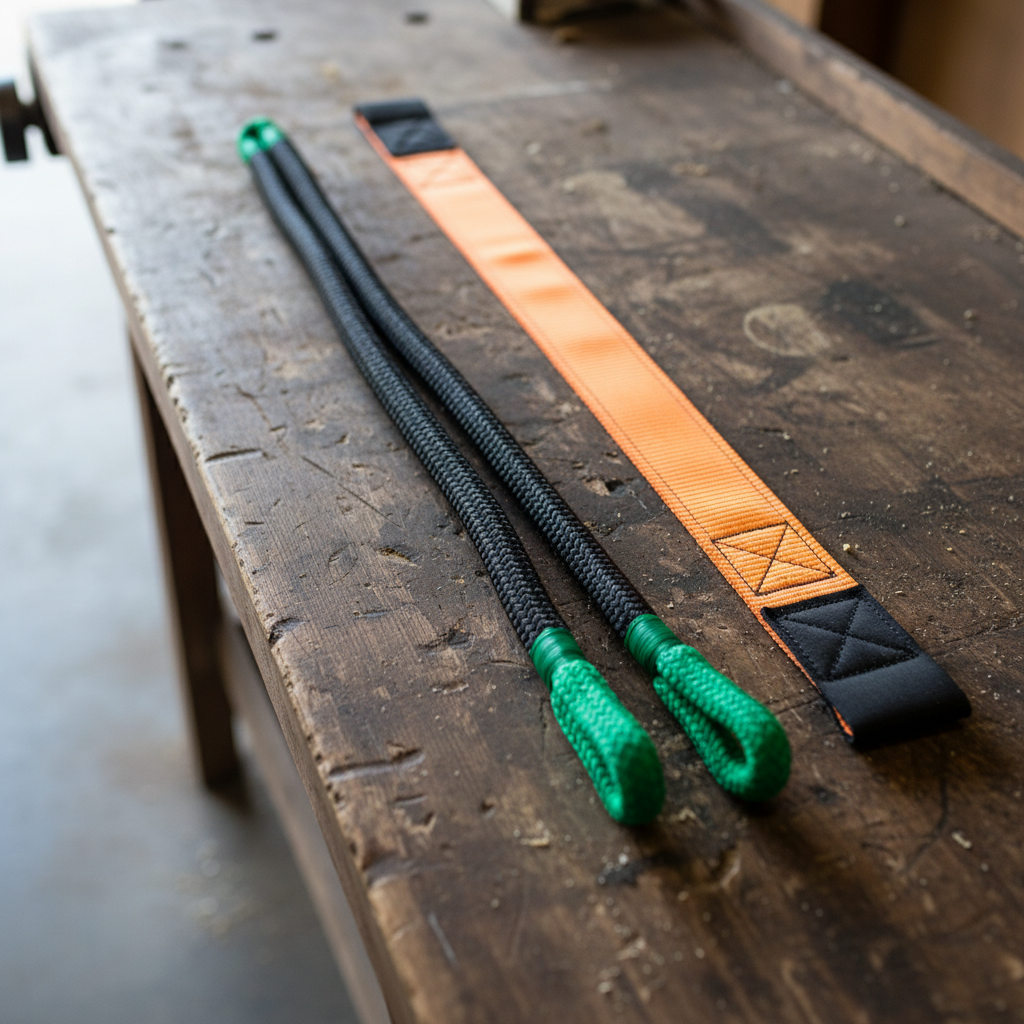 Side‑by‑side view of a double‑braided nylon kinetic rope and a kinetic strap, highlighting the rope’s round profile and the strap’s flat webbing