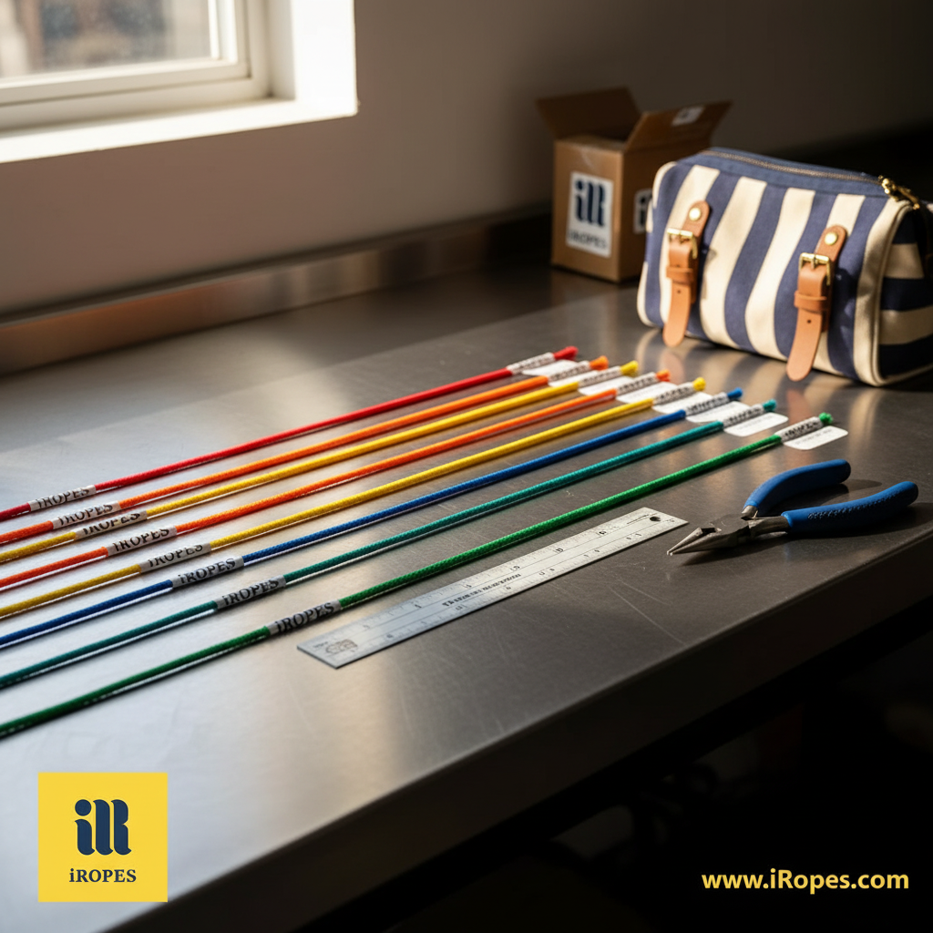 Assortment of coloured small wire ropes laid out on a workbench, showing 1/16\