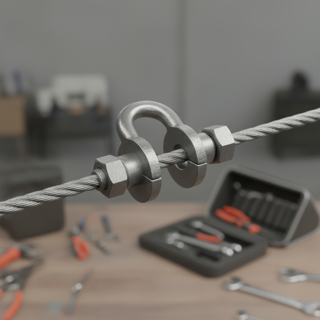 Close-up of a steel wire loop clamp showing U-bolt, saddle and nuts on a 3/16 inch wire rope