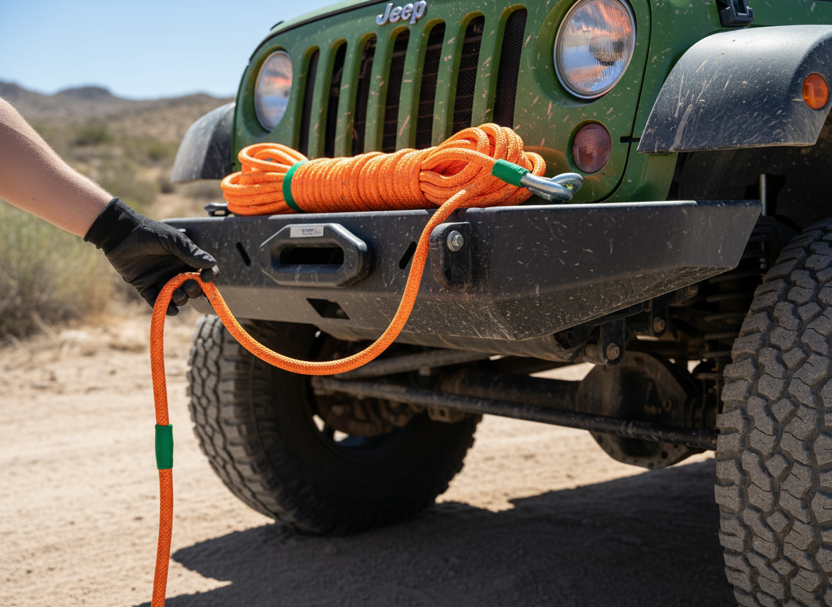 Bright orange nylon winch rope coiled on a rugged off‑road vehicle, showing its flexibility and lightweight feel