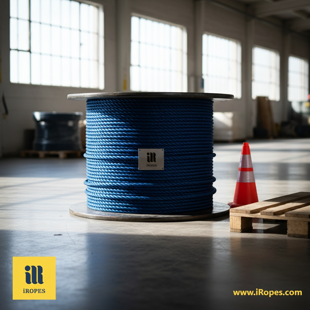 Spool of thick 4‑inch polypro rope on a warehouse floor, showing its robust braid and dark‑blue colour