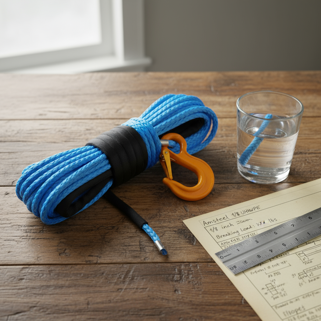 1/8-inch amsteel blue rope coiled on a wooden table, showing bright blue colour and fine 12‑strand braid