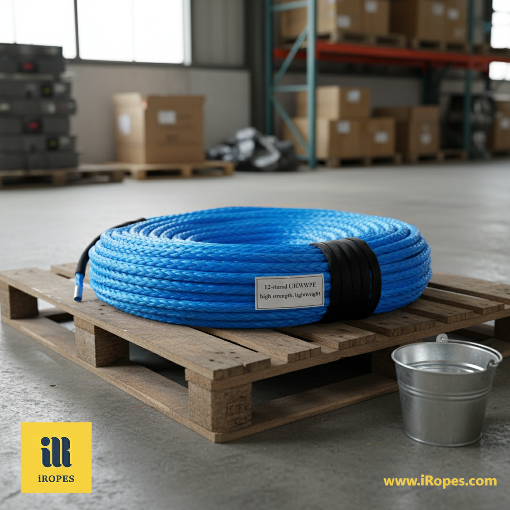 Thick 3/8-inch amsteel blue rope coiled on a pallet, showing its sky‑blue colour and 12‑strand braid