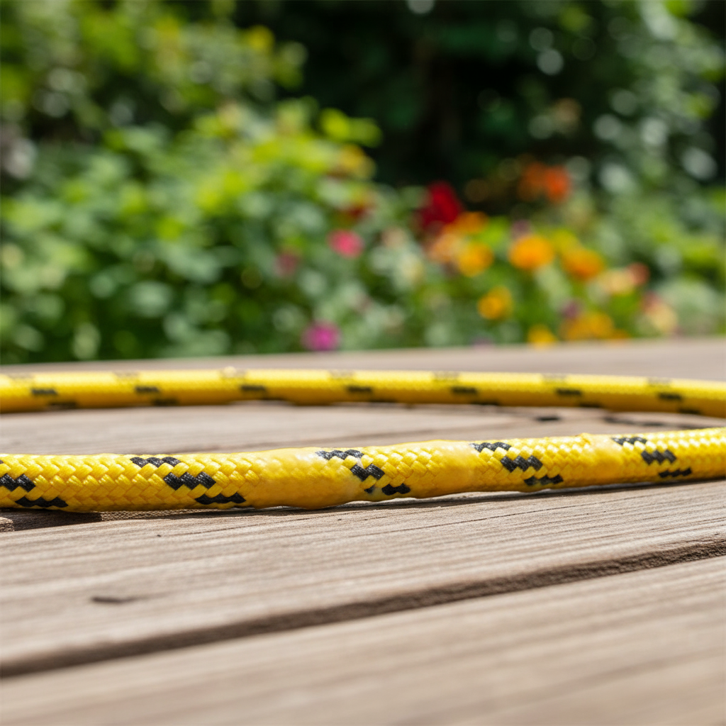 Close‑up of a polyester rope with a clear UV‑blocking coating, showing the smooth fibres and vibrant colour under bright sunlight
