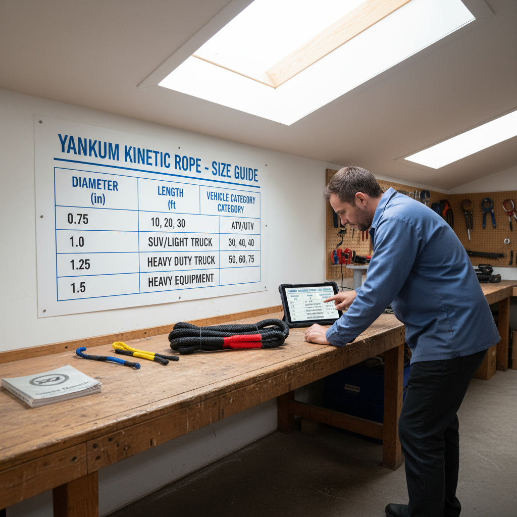 Size chart showing yankum rope diameters and lengths matched to vehicle categories such as ATV, SUV, light truck, and heavy equipment