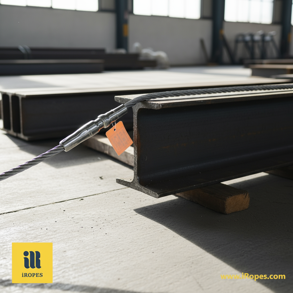 Close-up of a high‑strength American‑standard wire rope sling with steel core and galvanised finish, showing strands and termination fittings.